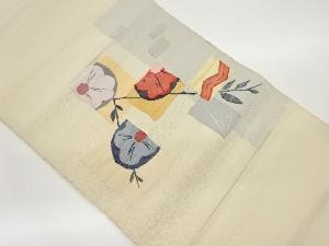 手織り紬四角に草花模様織出し名古屋帯